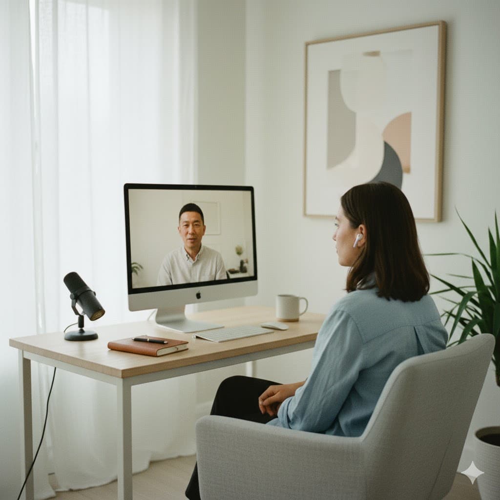 Frau in Online-Therapiesitzung bei PsyCare